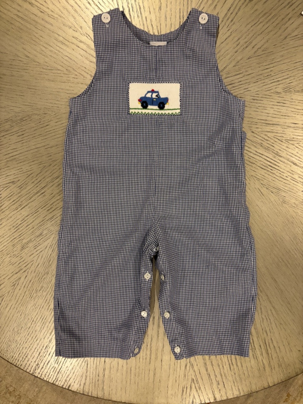 Smocked Giraffe Blue Gingham Romper with Police Car